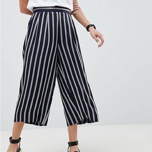 Loft Wide Leg Stripe Ankle Pant Pull On Black White Medium